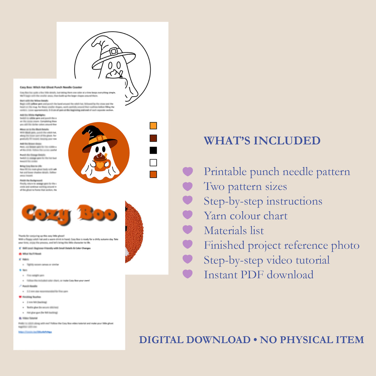 Digital product listing graphic for a printable punch needle pattern titled 'Cozy Boo'. The graphic shows sample pages from the printable pattern, including a color chart, instructions, and a finished example, alongside a list of included items on a beige background.