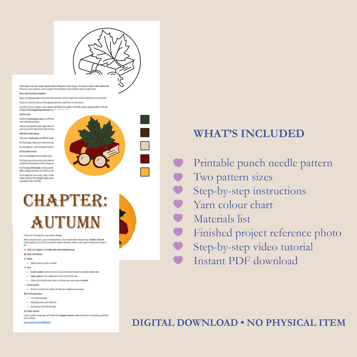 Digital product listing graphic for an autumn-themed printable punch needle pattern. The left side shows sample pages from the printable pattern, including a color chart and a black-and-white outline with a maple leaf motif.