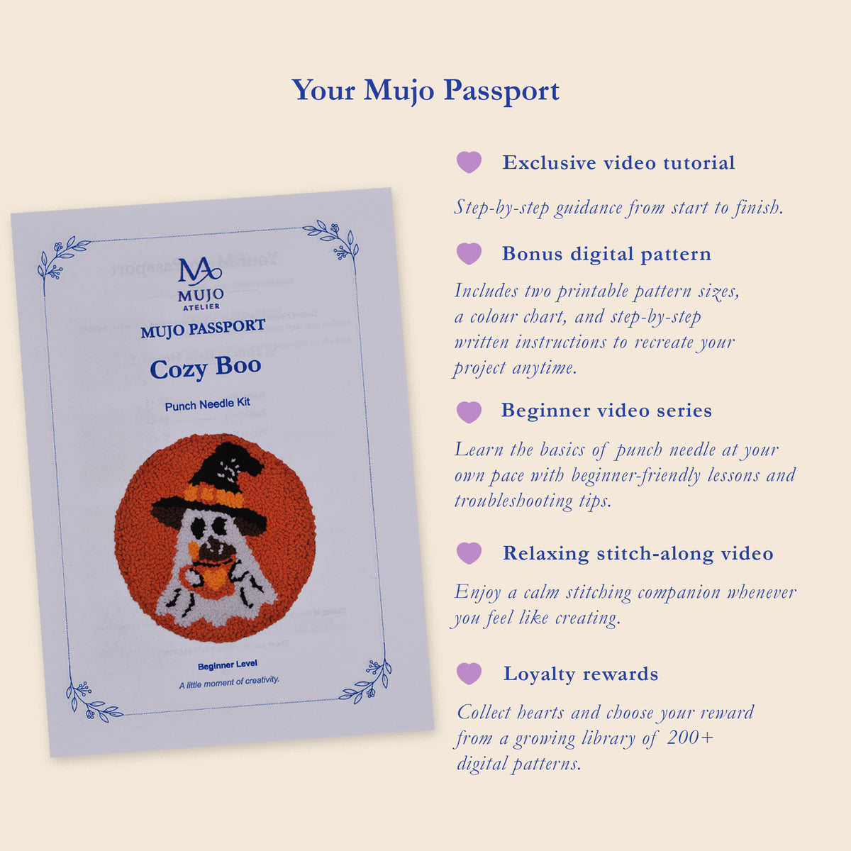 Promotional graphic for the Mujo Atelier 'Cozy Boo' Punch Needle Kit, showing the product's cover on the left and a list of digital and video bonuses on the right, set against a warm beige background.