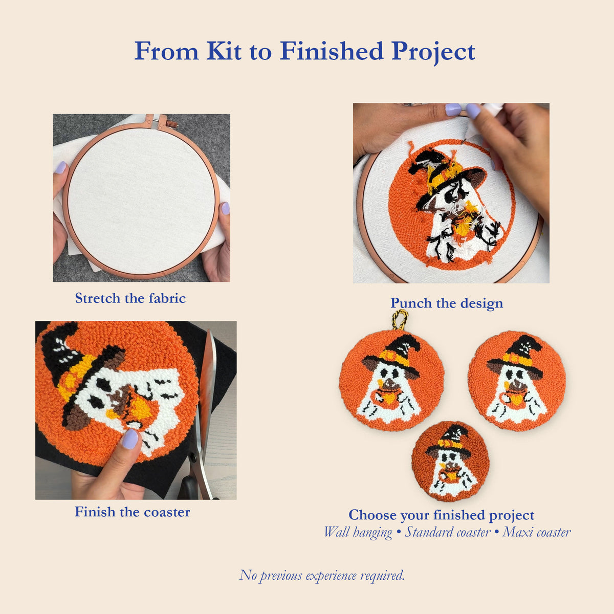 An informational collage titled 'From Kit to Finished Project' showing steps and options for a Halloween-themed punch needle coaster kit. The panels show hands stretching fabric, punching a design of a ghost in a witch hat, finishing a coaster, and choosing finished project sizes: wall hanging, standard coaster, and maxi coaster.