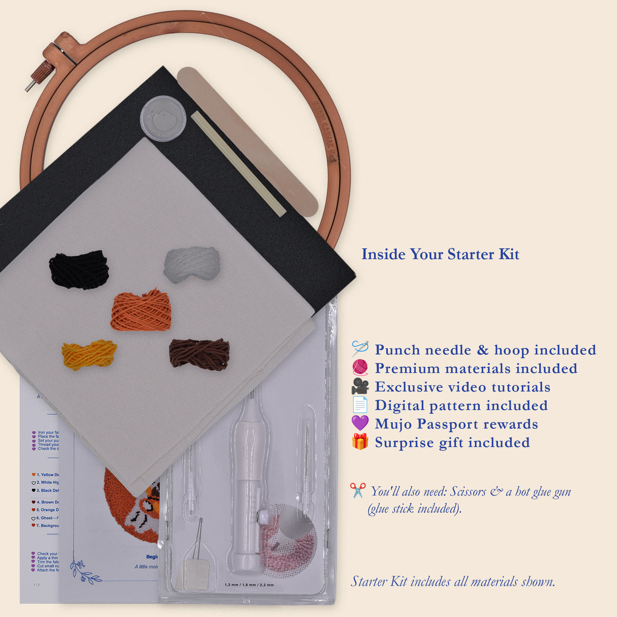 A product bundle for a needlepoint starter kit laid out on a cream background, including a wooden hoop, a black-and-white mat, several colored yarn samples, a digital pattern sheet, a brush, and a clear plastic case with additional tools. Text on the right lists included items and features.