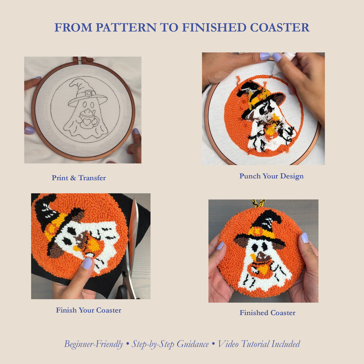 A step-by-step infographic titled 'FROM PATTERN TO FINISHED COASTER' showing four panels: a ghost pattern print and transfer, punching the design, finishing a coaster, and the finished orange-and-white Halloween ghost coaster. The image includes hands performing the steps, so it is classified as Lifestyle.