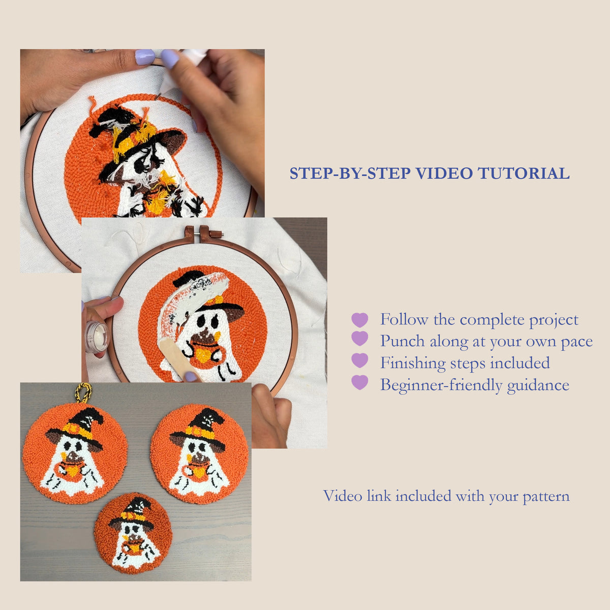Promotional collage for a Halloween-themed punch needle pattern, showing hands stitching an orange ghost design, finished embroidered pieces, and text advertising a step-by-step video tutorial.