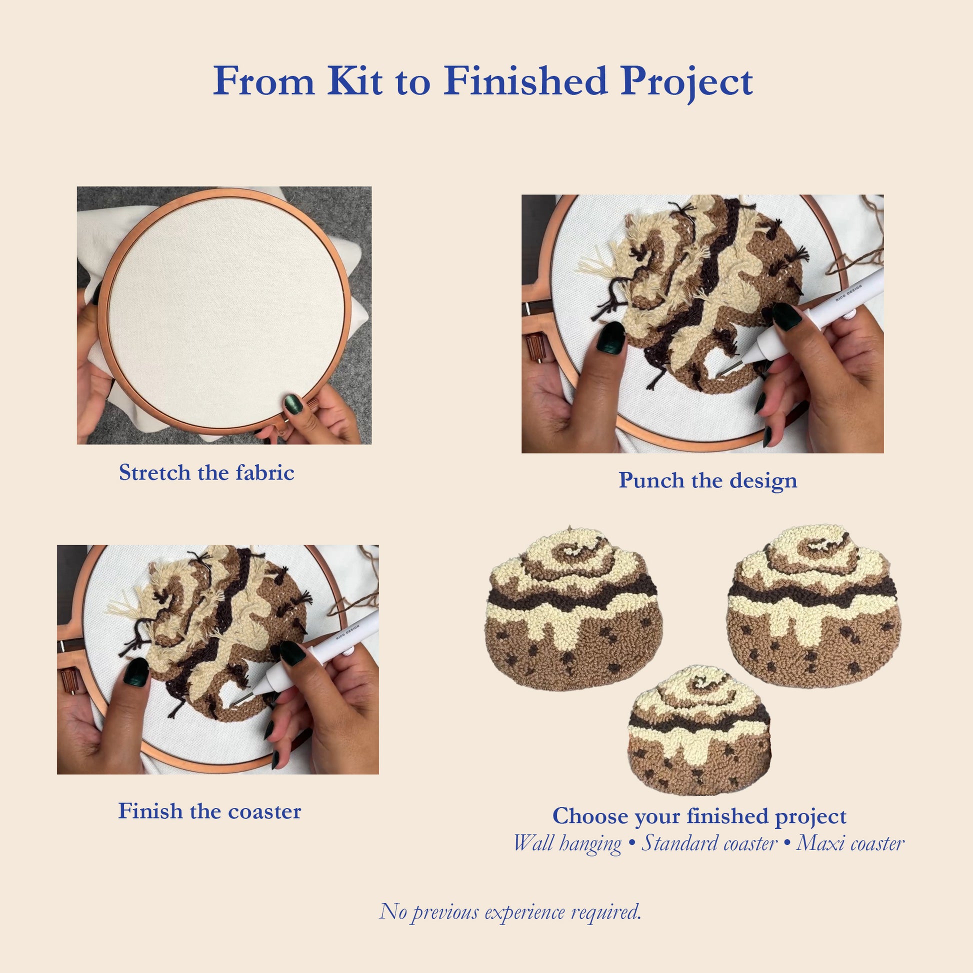 Punch needle cinnamon roll DIY kit process showing fabric stretched in an embroidery hoop, punching and finishing the design, with three finished project options: wall hanging, standard coaster and maxi coaster.