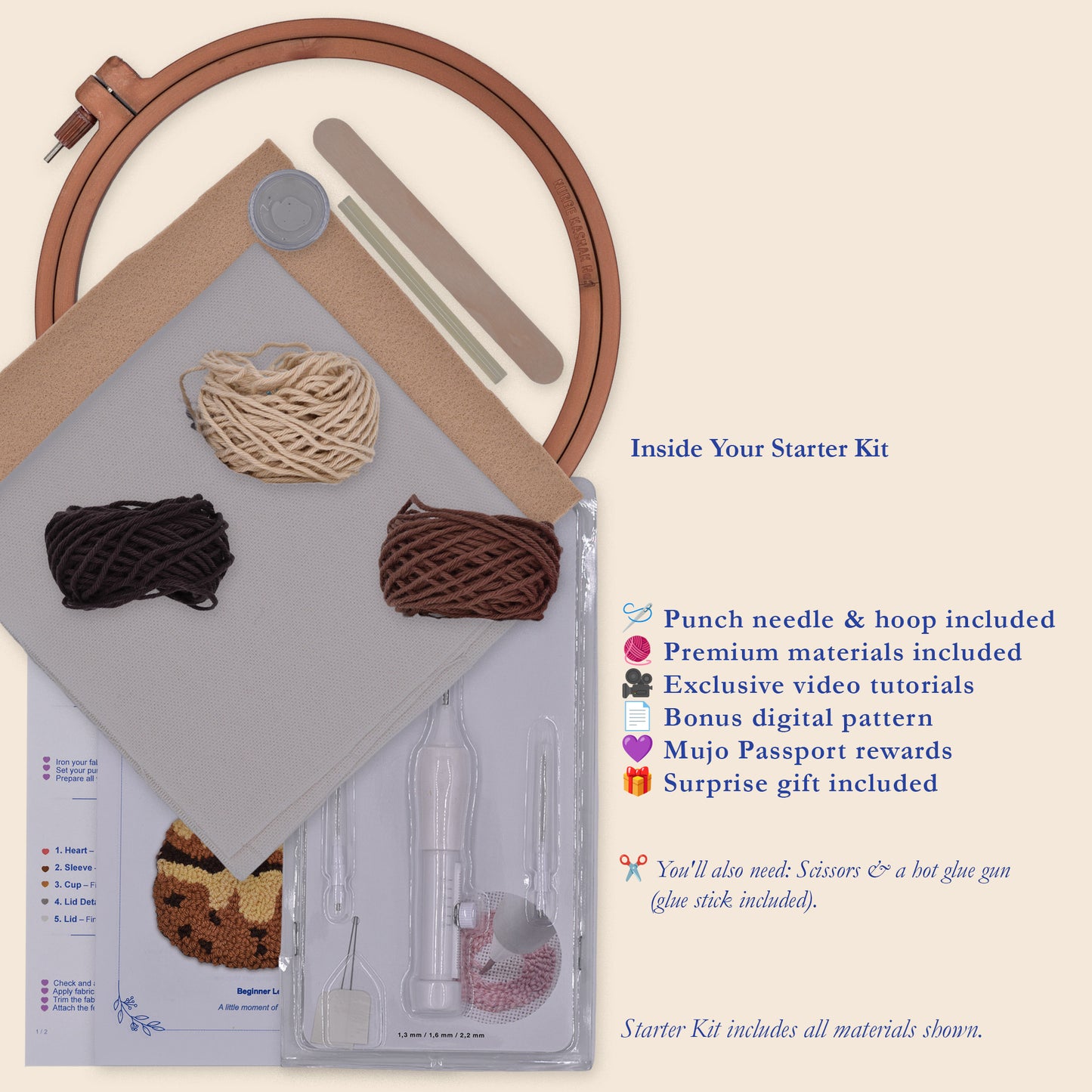 Punch needle starter kit materials including hoop, yarn, fabric, felt, punch needle, glue and finishing tools, with Cozy Swirl cinnamon roll pattern and Mujo Passport.
