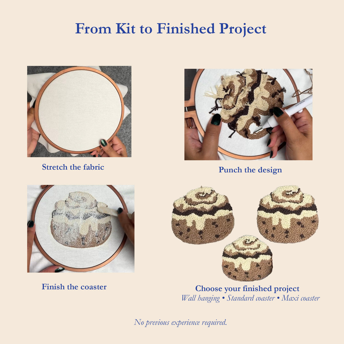 Punch needle cinnamon roll DIY kit process showing fabric stretched in an embroidery hoop, punching and finishing the design, with three finished project options: wall hanging, standard coaster and maxi coaster.