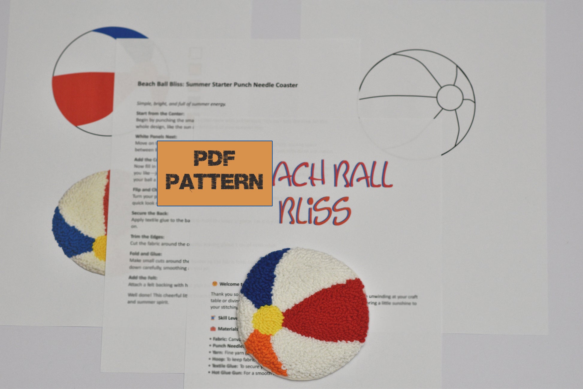Beach ball-themed craft pattern with colorful ball design on a white background