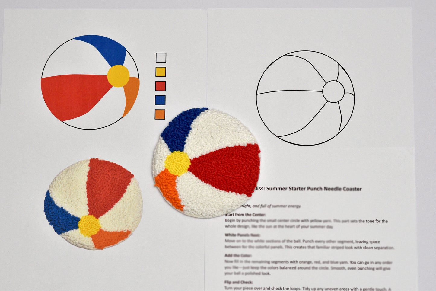 Patterned coaster design with color swatches and instructions on a white background