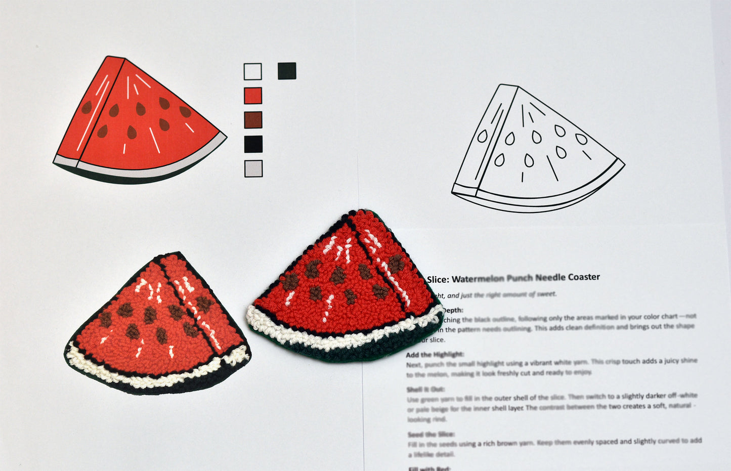 Watermelon slice designs on a white background with color swatches and instructions.