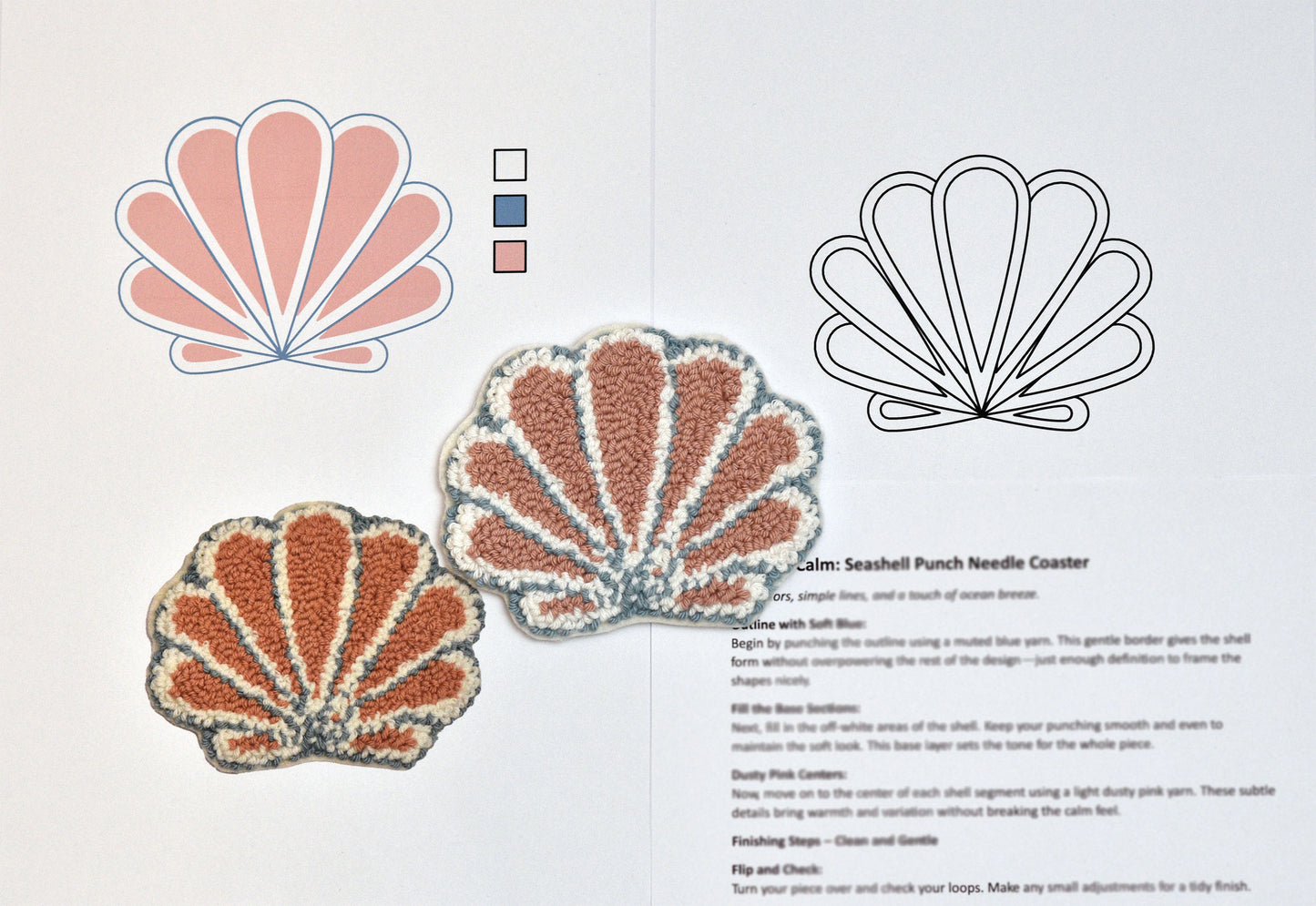 Seashell punch needle counter with color swatches and instructions on a white background
