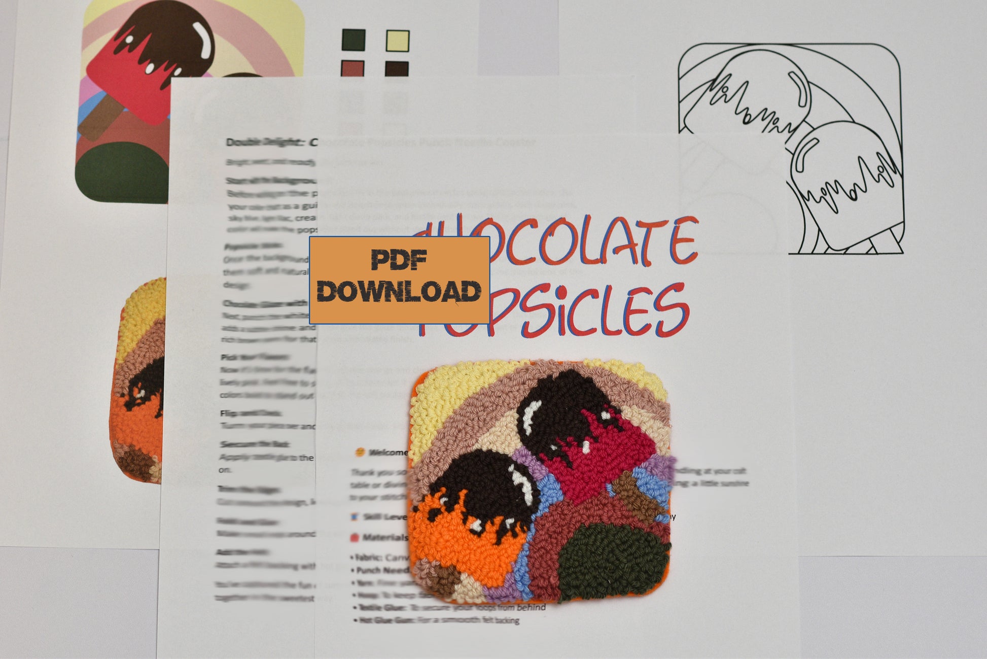 Brochure or flyer with colorful illustrations and text about chocolate popsicles on a light gray background.