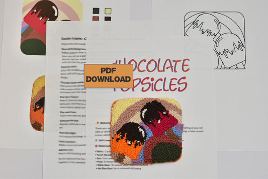 Brochure or flyer with colorful illustrations and text about chocolate popsicles on a light gray background.