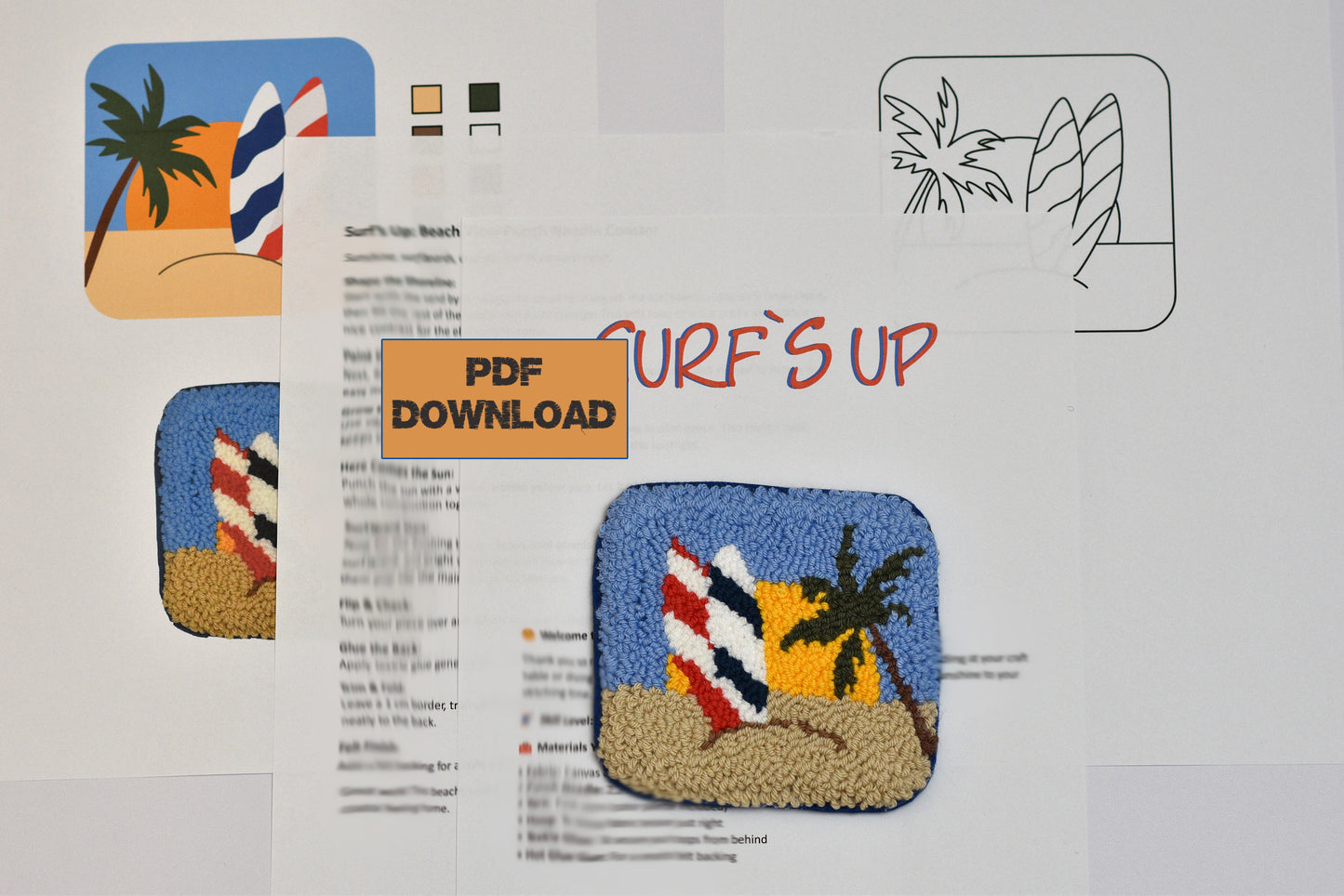 Design pattern for a rug with surfboard and palm tree design on a white background