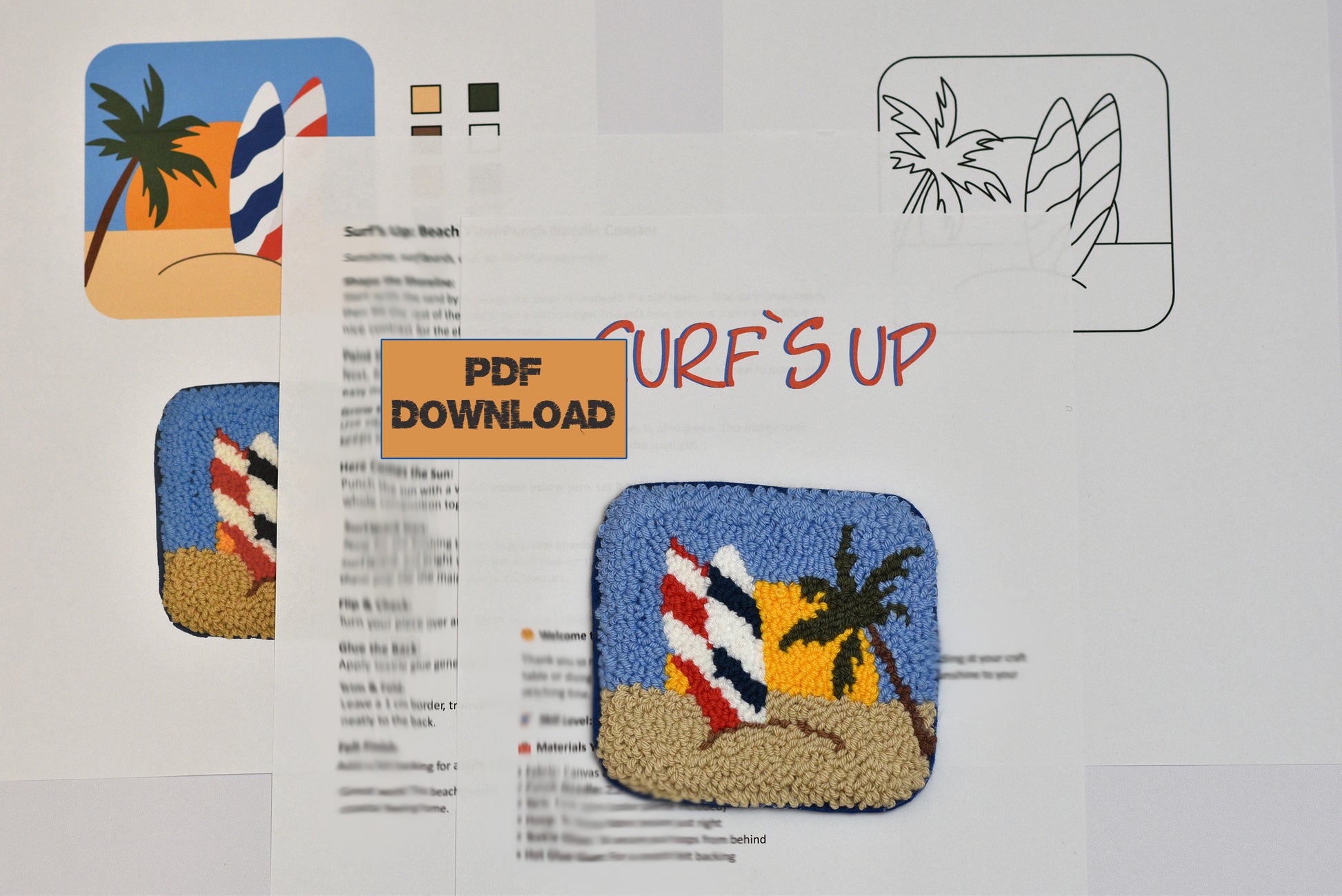 Design pattern for a rug with surfboard and palm tree design on a white background