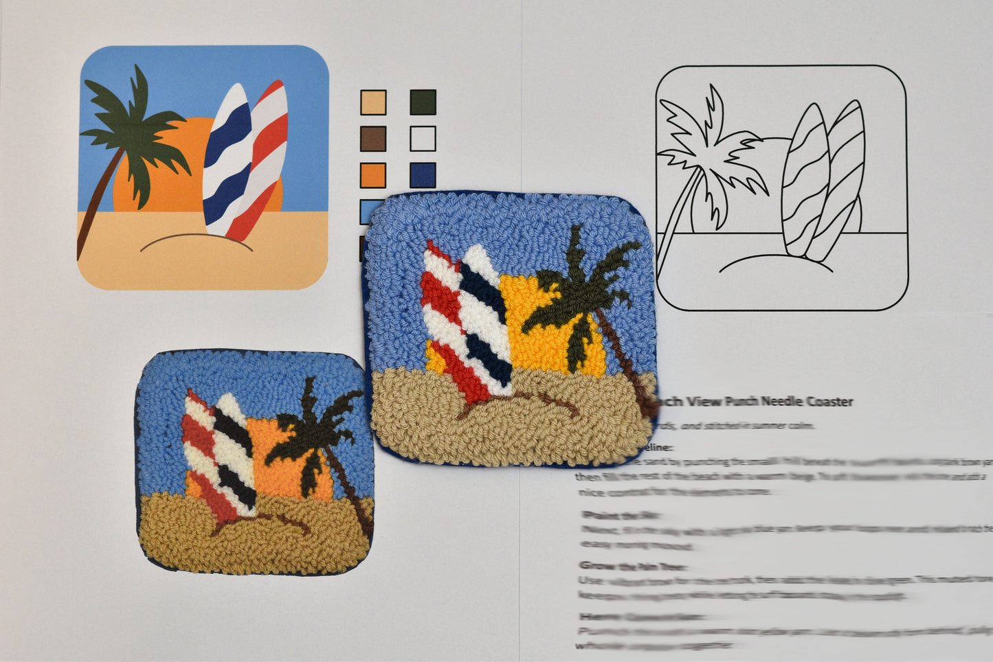 Punch needle coasters with palm tree and surfboard design on a patterned background