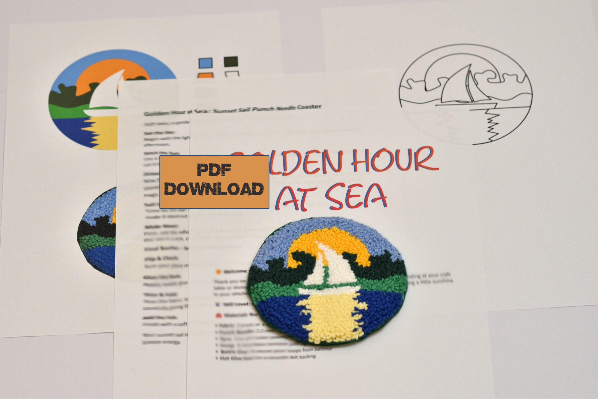 PDF download flyer for 'Golden Hour at Sea' with sailboat design on a white background