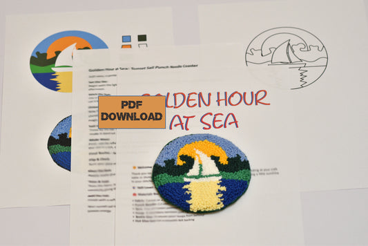 PDF download flyer for 'Golden Hour at Sea' with sailboat design on a white background