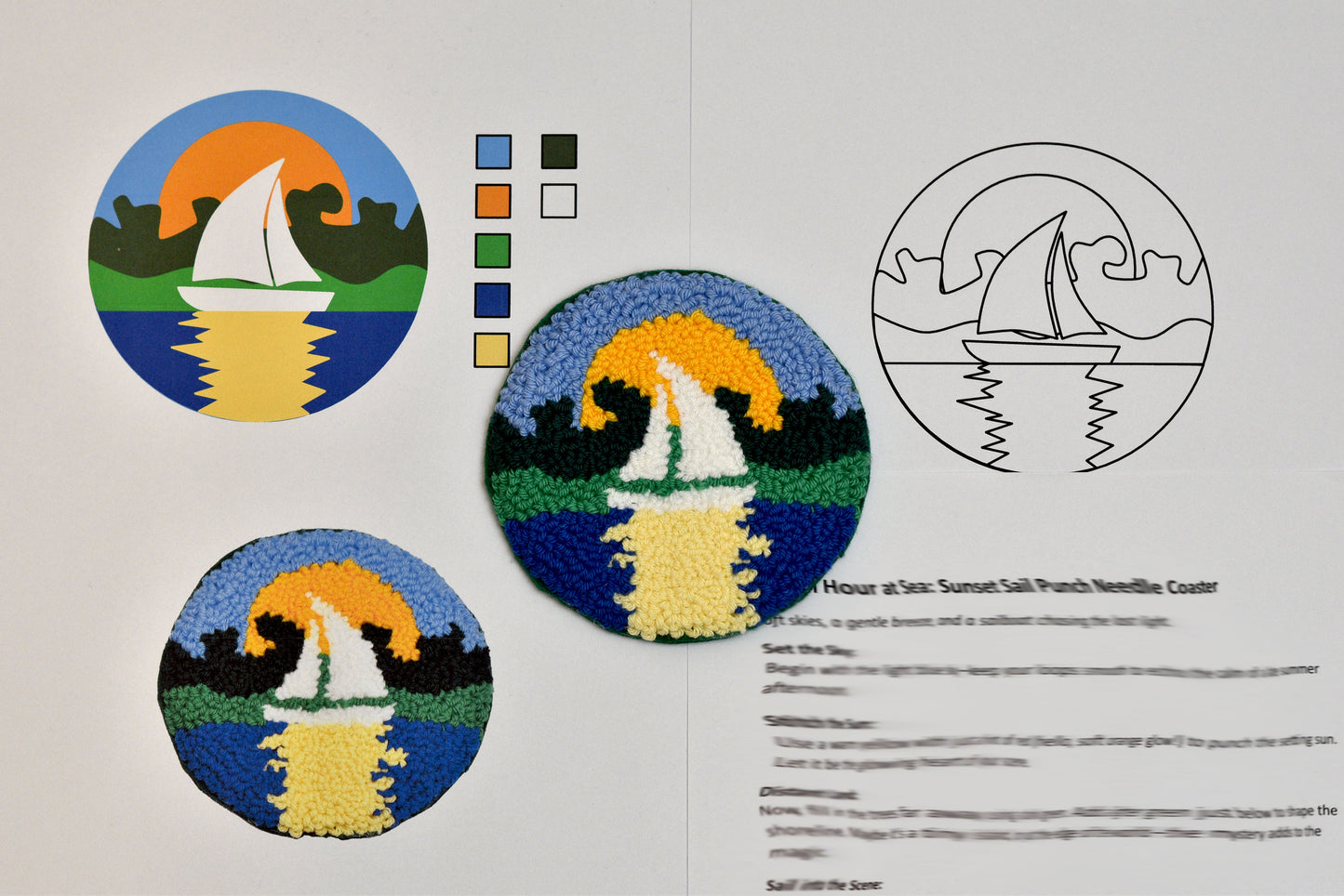 Three circular embroidered designs of sailboats on a white background with color swatches and text.
