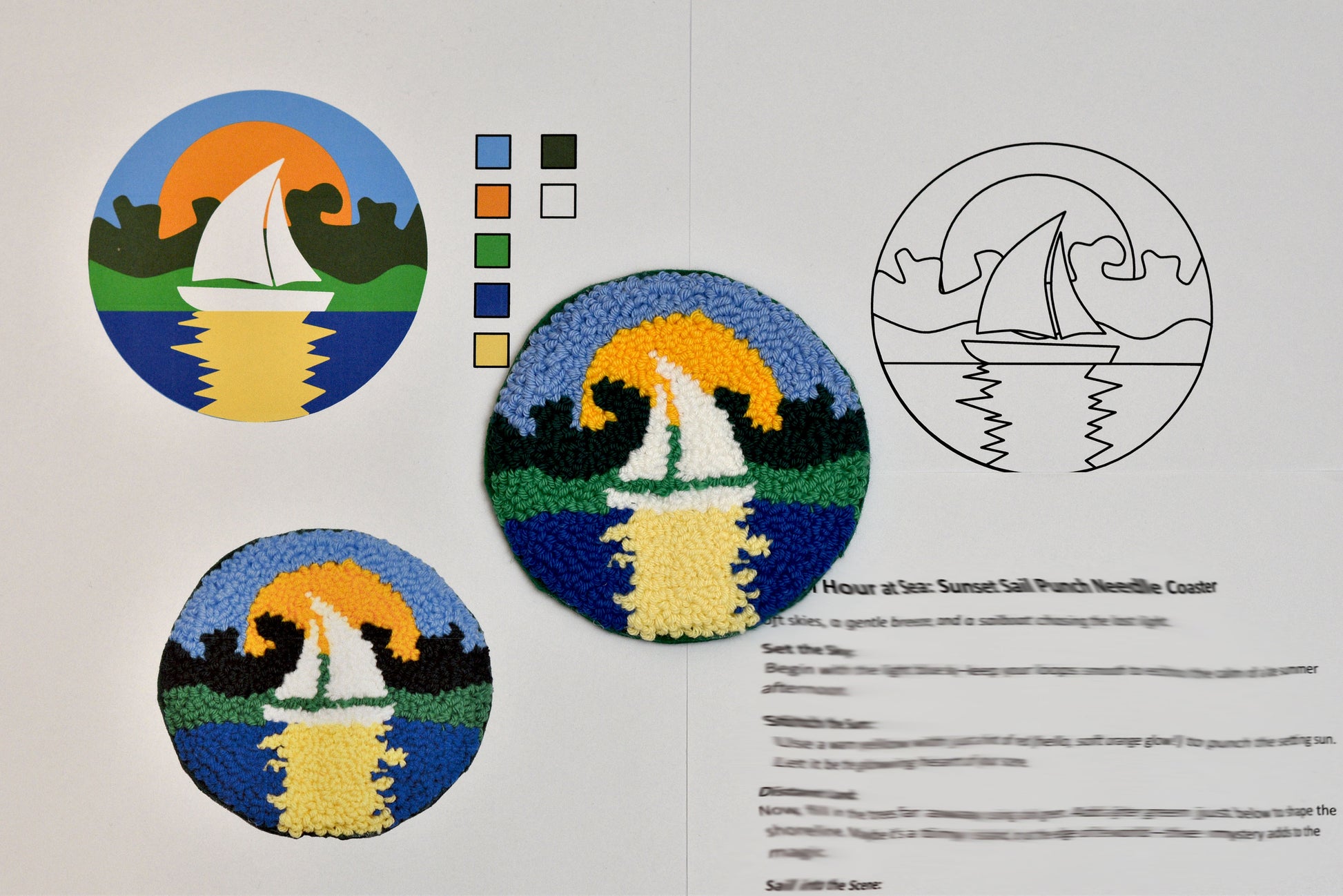 Three circular embroidered designs of sailboats on a white background with color swatches and text.