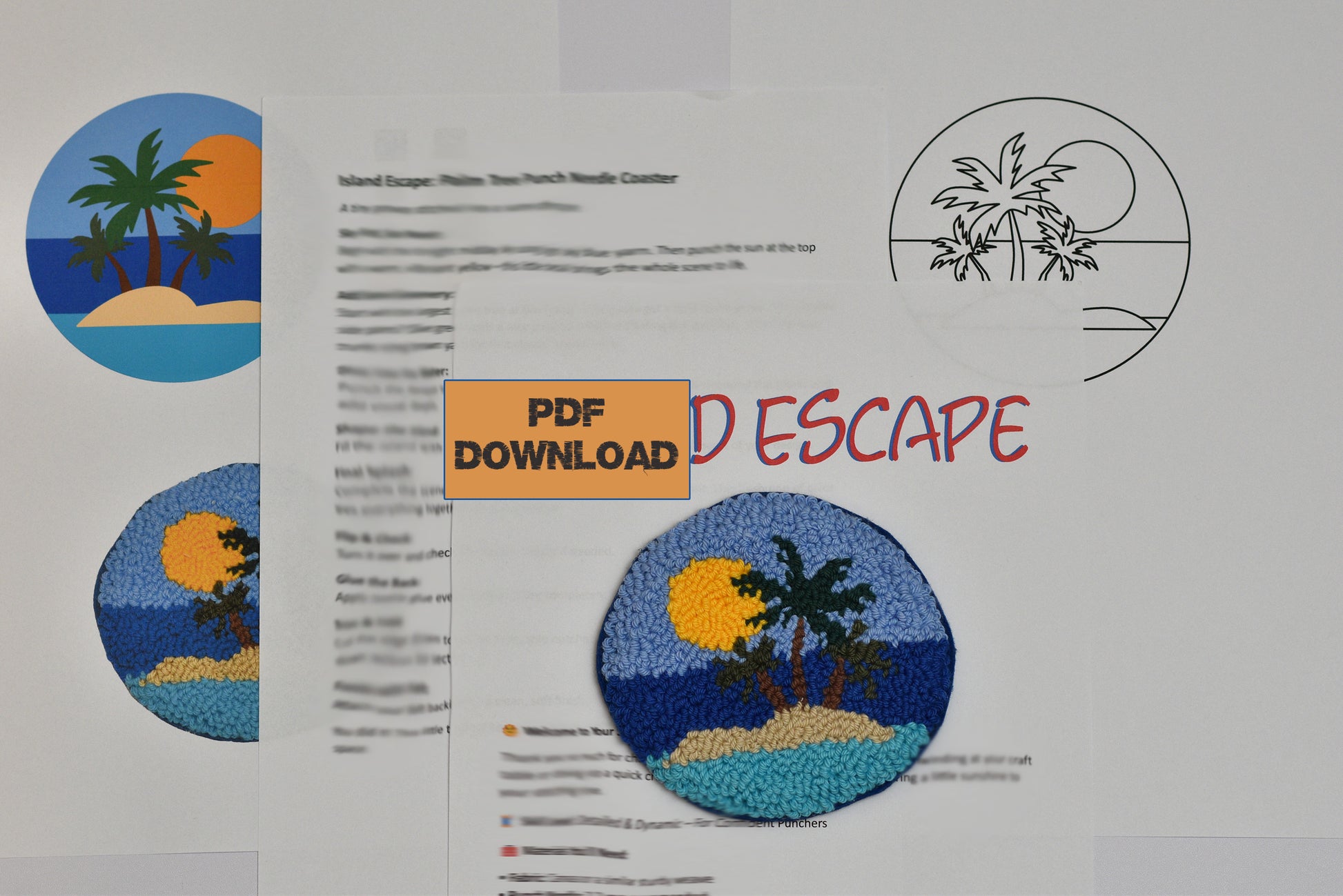 Embroidery design with palm trees and sunset on a PDF download page.