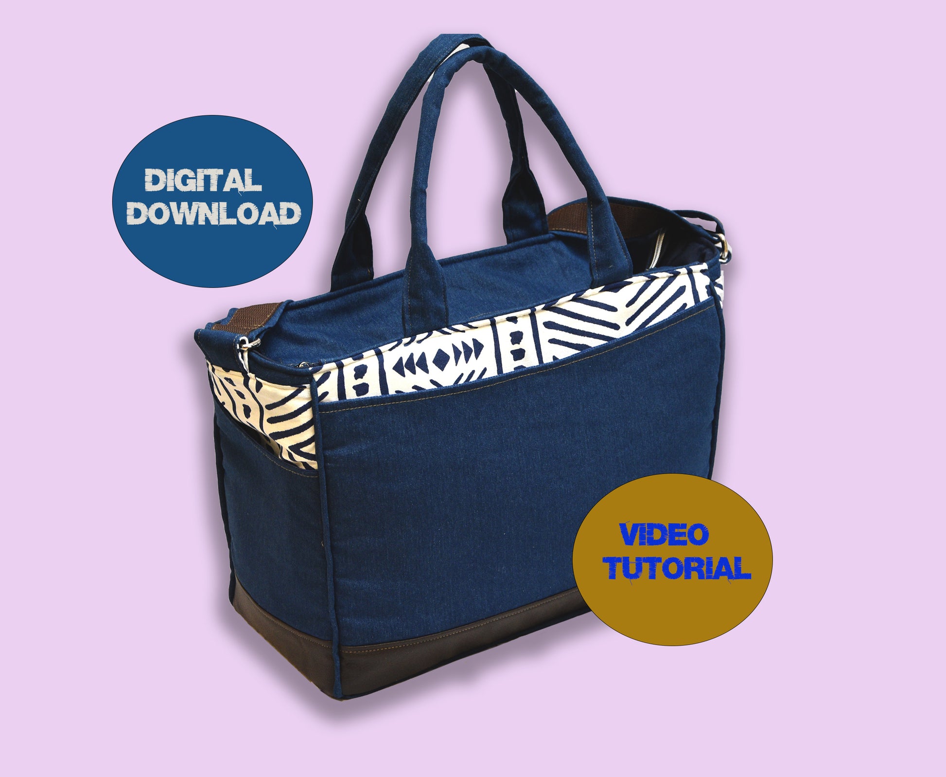 Blue Tote bag with patterned side on a light purple background, featuring 'Digital Download' and 'Video Tutorial' text.