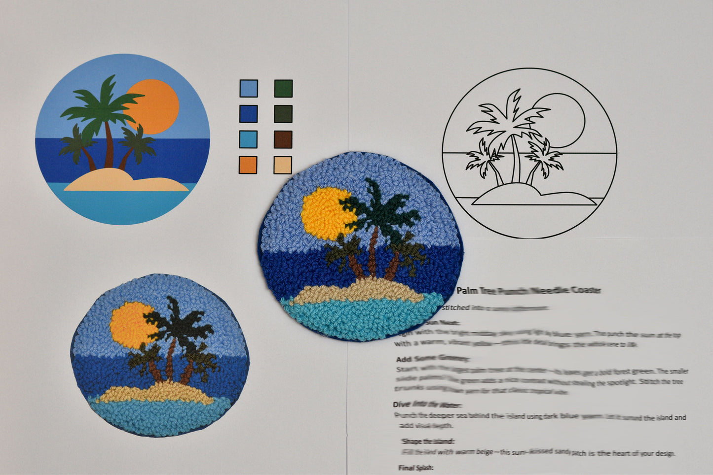 Design sheet with palm tree and sunset landscape patterns and color swatches.