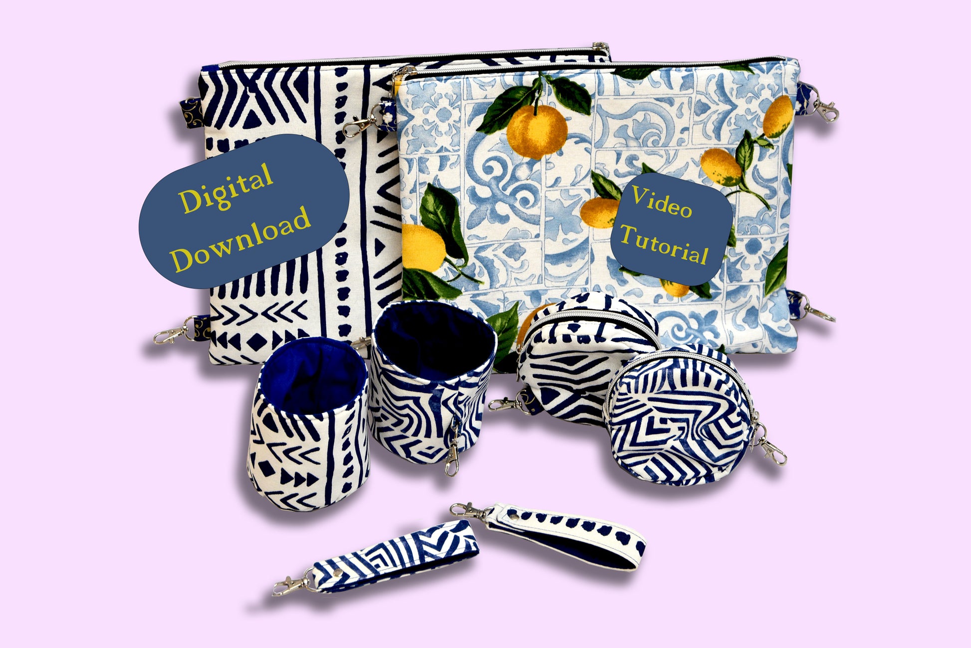 Digital pattern of Tote bag organizer set with water bottle holder, zippered pouch, coin purse and key leash