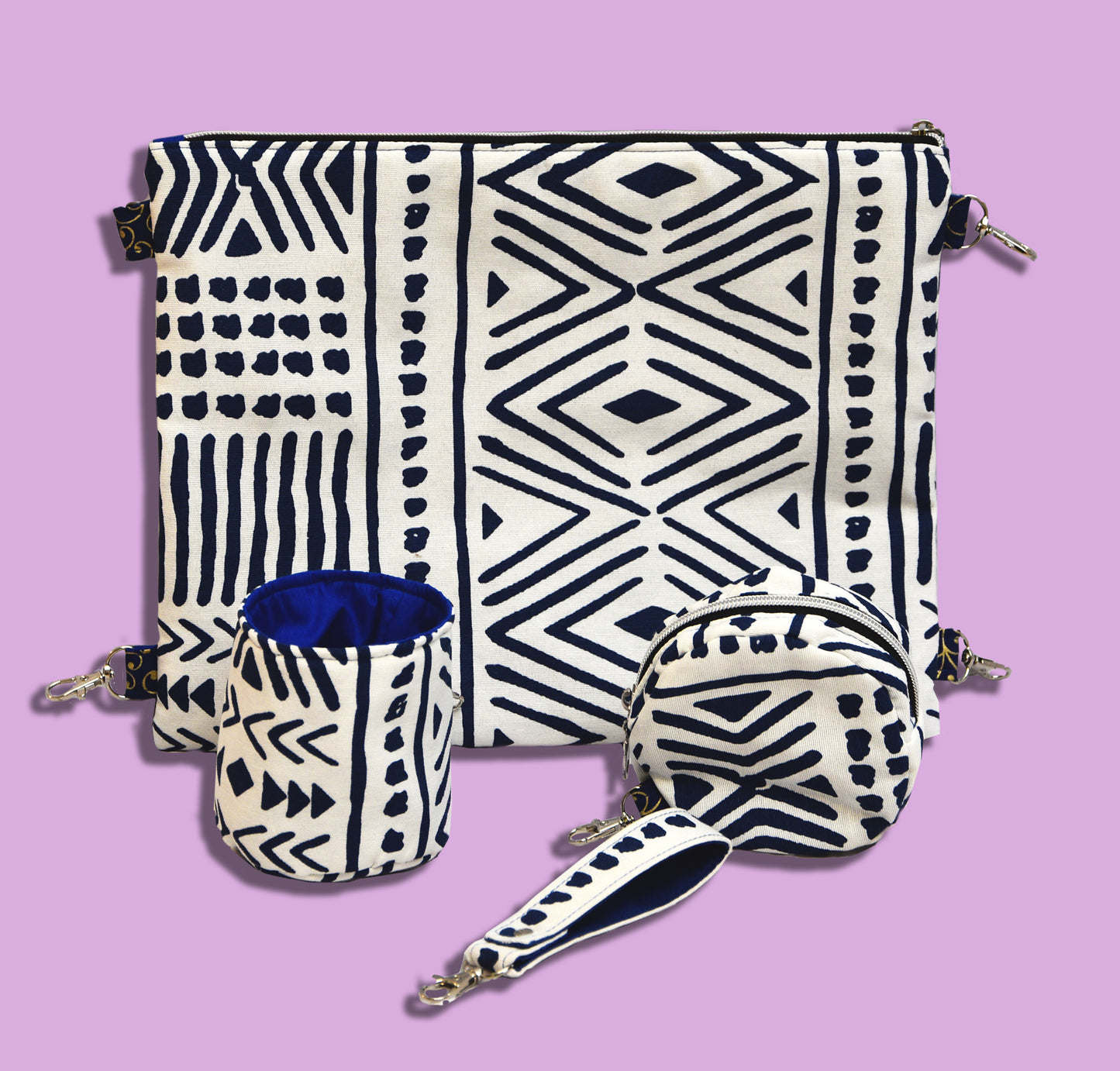 Close-up of handmade tote bag organizer accessories showing detailed stitching and fabric