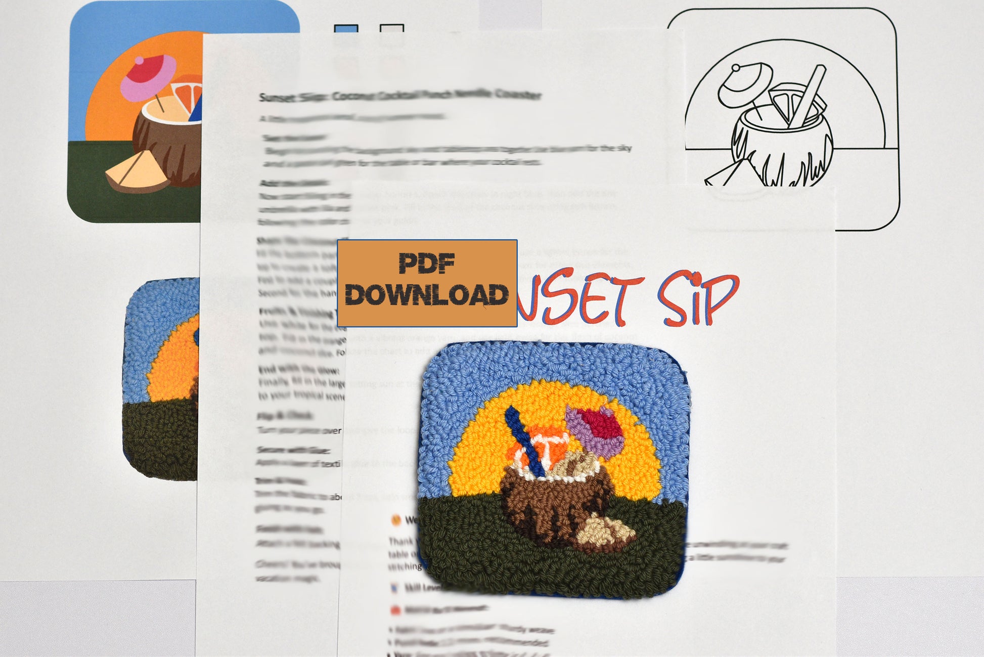 PDF download for a crochet pattern titled 'Sunset Sip' with colorful design elements.