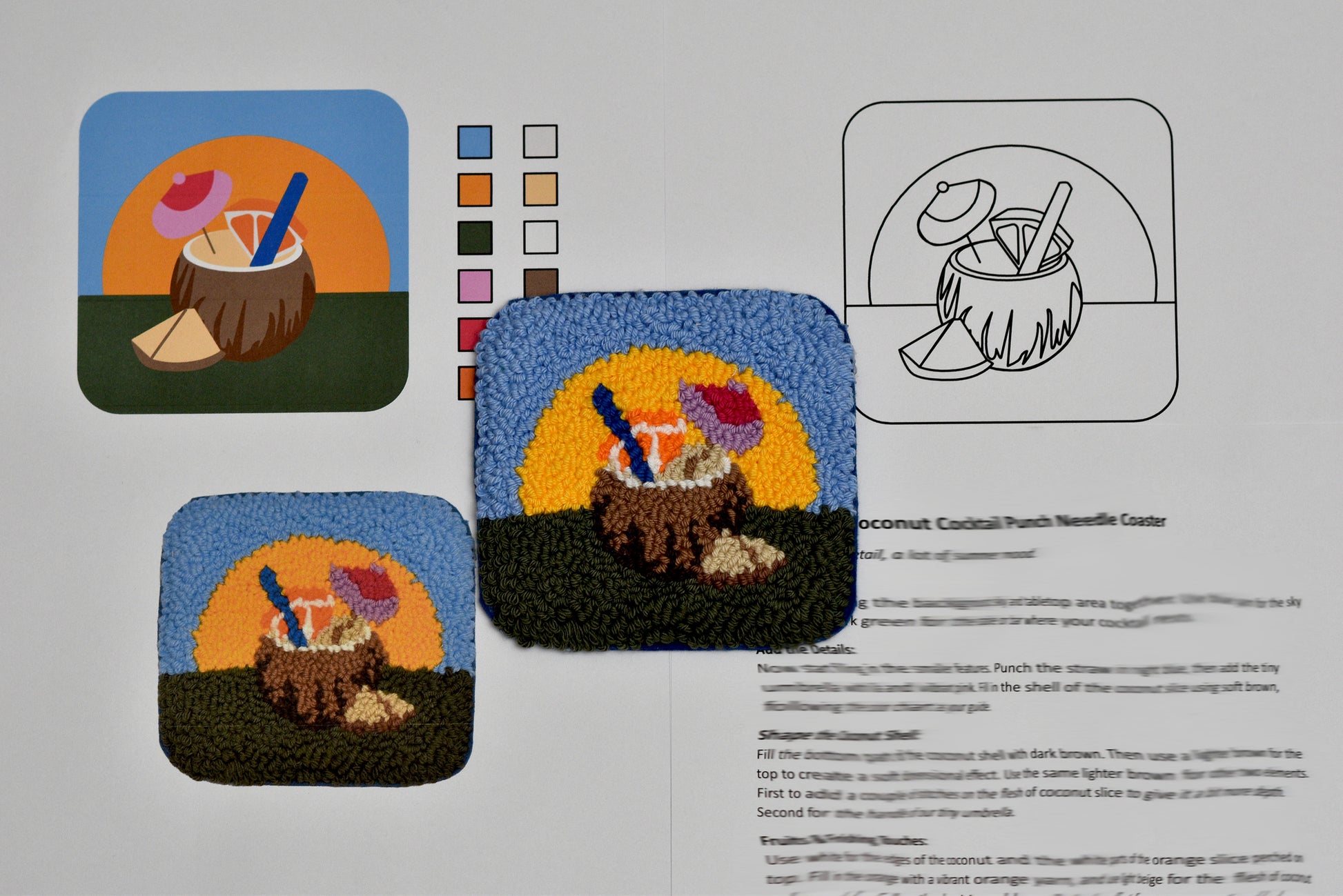 Textile art piece with a sunset design on a printed pattern sheet.