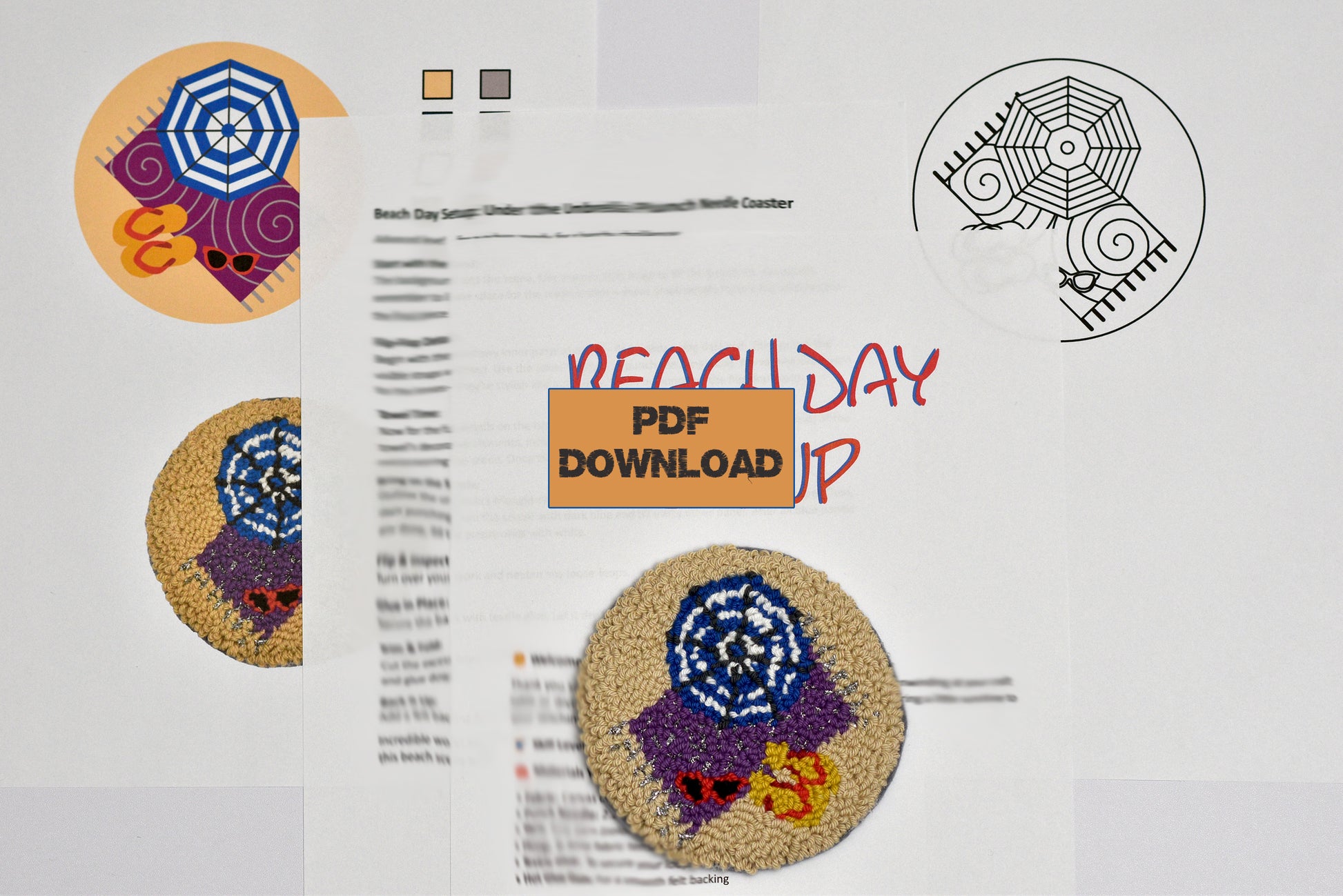 Design sheet with featuring beach-themed patterns and a PDF download option.