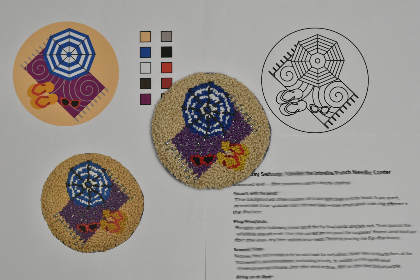 Decorative coasters with a central design and color swatches on a printed sheet.