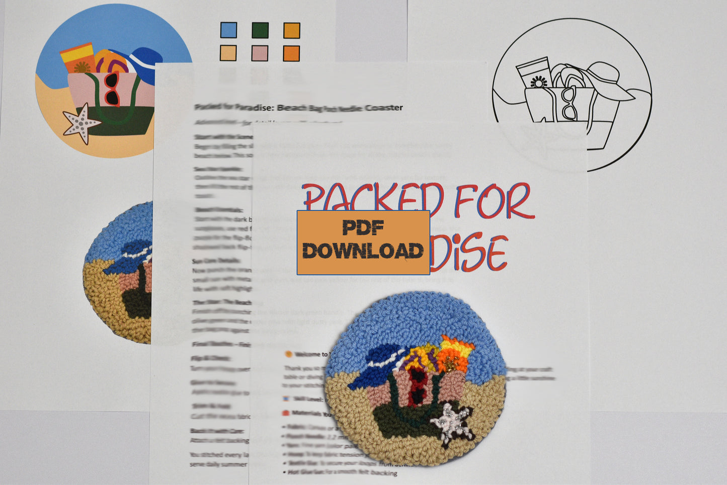 PDF download flyer with beach-themed graphics and text on a white background