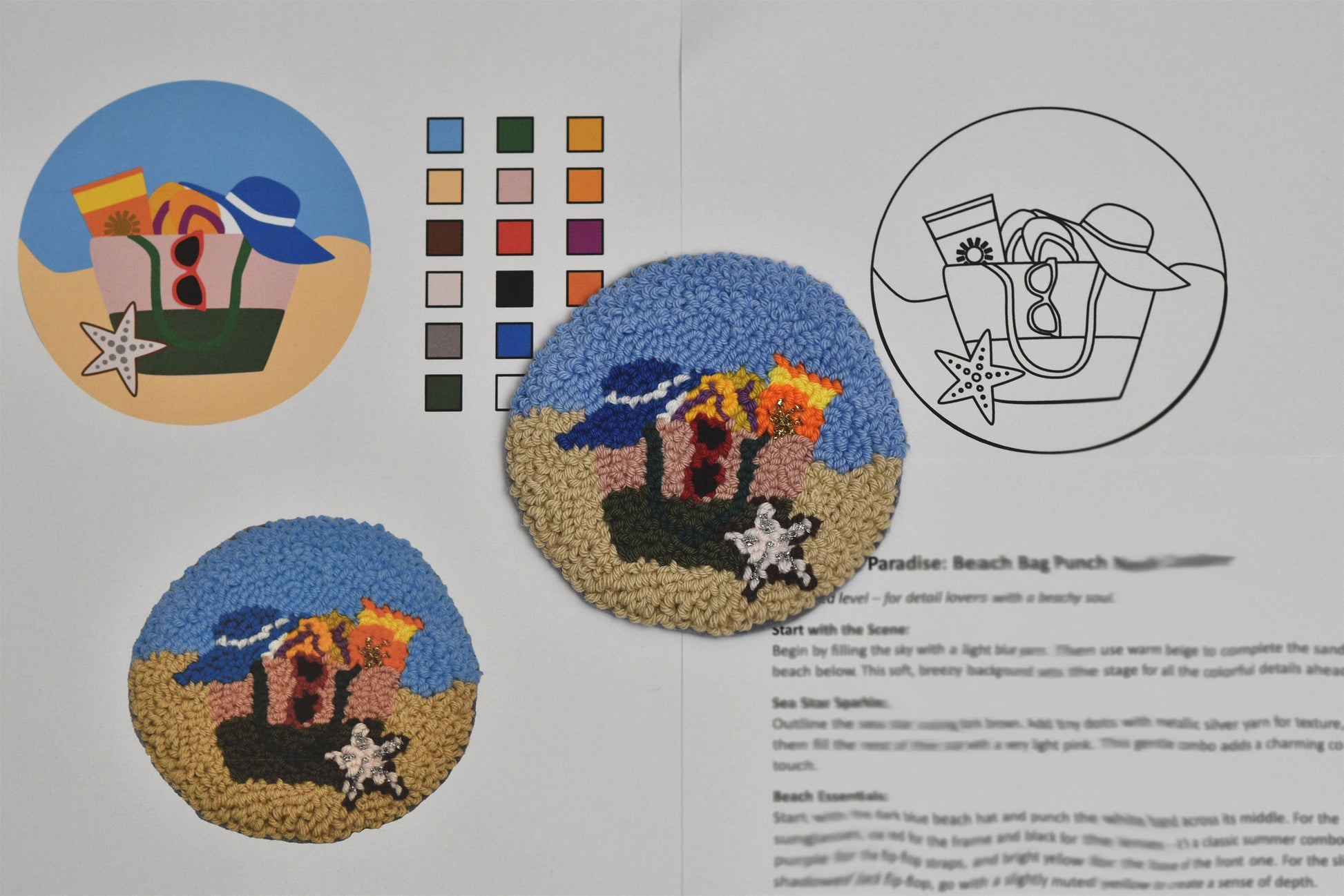Design sheet with beach bag punch needle patterns and color swatches.