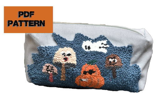 Halloween-Themed Cosmetic Bag Pattern with Punch Needle Embroidery - DIY Digital Download -Giant mushroom forest