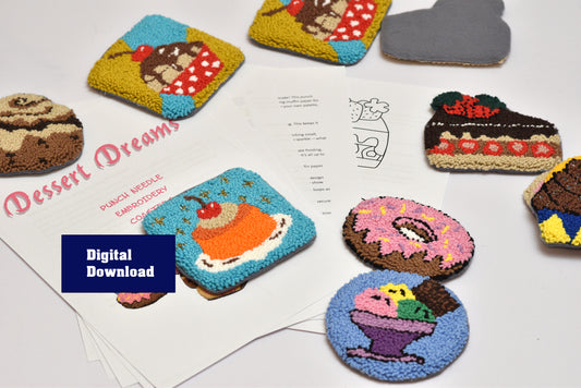 Collection of crochet dessert-themed coasters on a white surface with 'Dessert Dreams' branding.