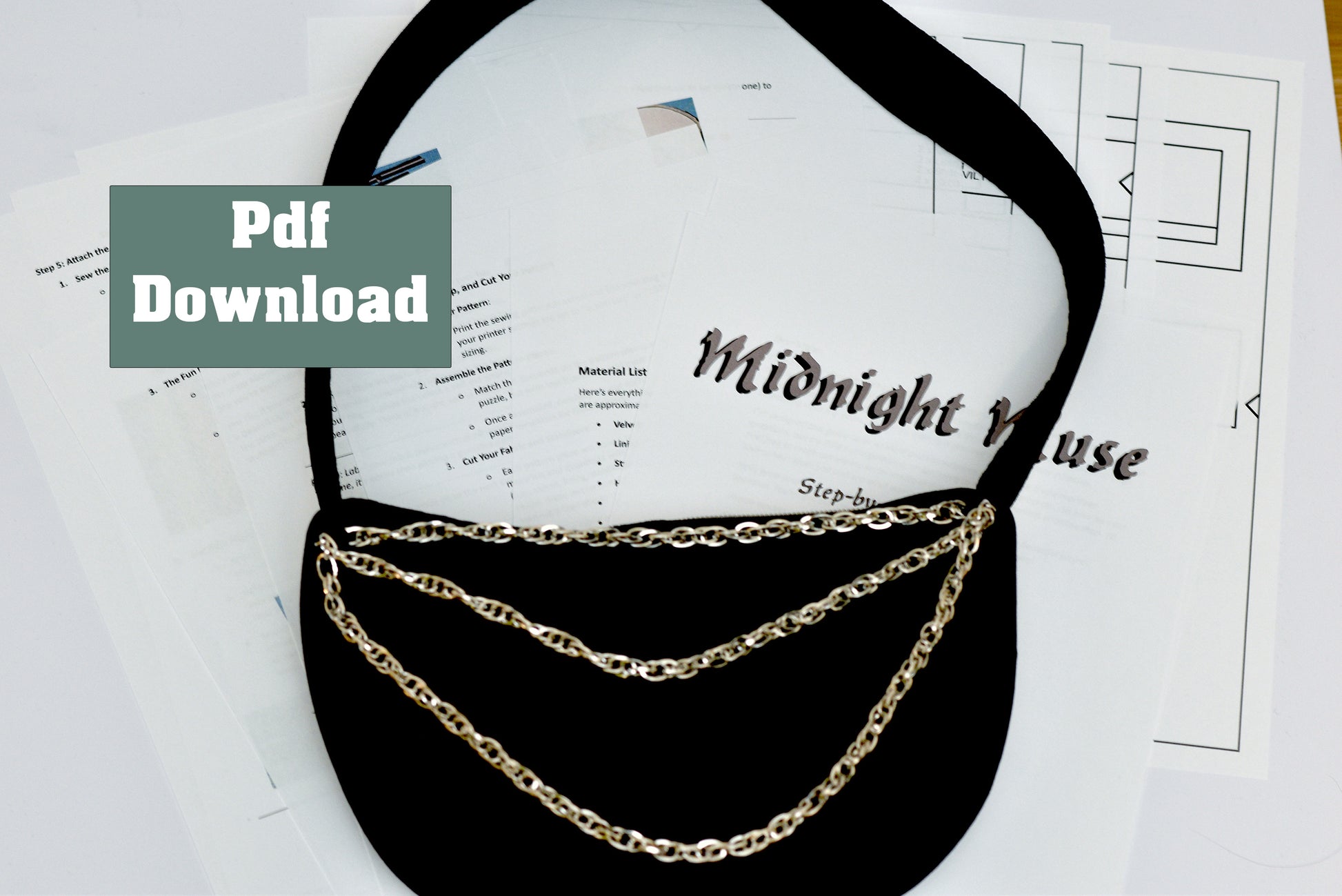 Black bag with gold chains on a white background with digital download pdf pattern overlay