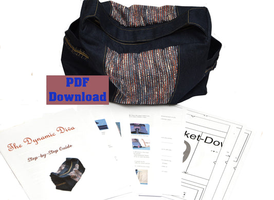 Denim bag with patterned patch and PDF download text on a white background