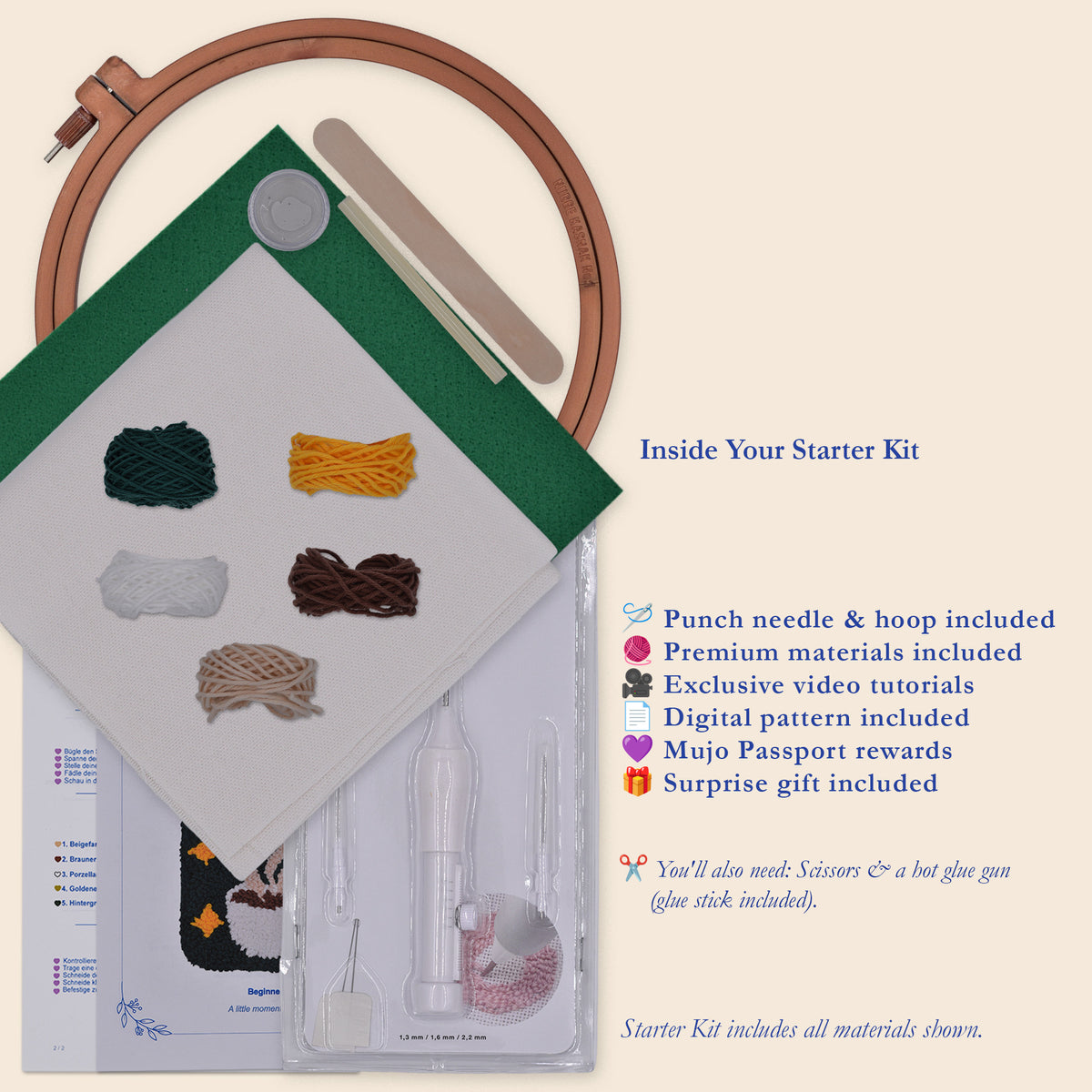 A craft starter kit laid out on a light beige background, including a wooden embroidery hoop, green and white fabric, thread samples, a punch needle hoop, a nail file, a clear plastic case with punch needle, printed pattern sheets, and text describing included materials and rewards.