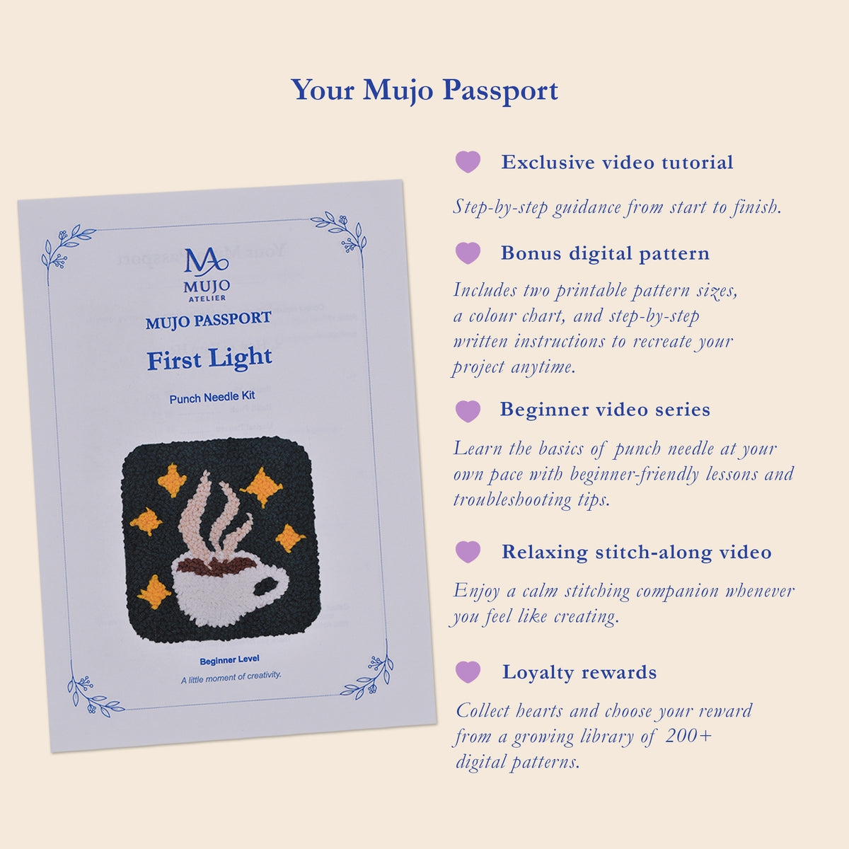 Promotional graphic for the Mujo Needle Kit 'First Light' Punch Needle Kit, showing the product's light blue passport-style cover on the left and a list of included digital resources and features on the right, all set against a warm beige background.