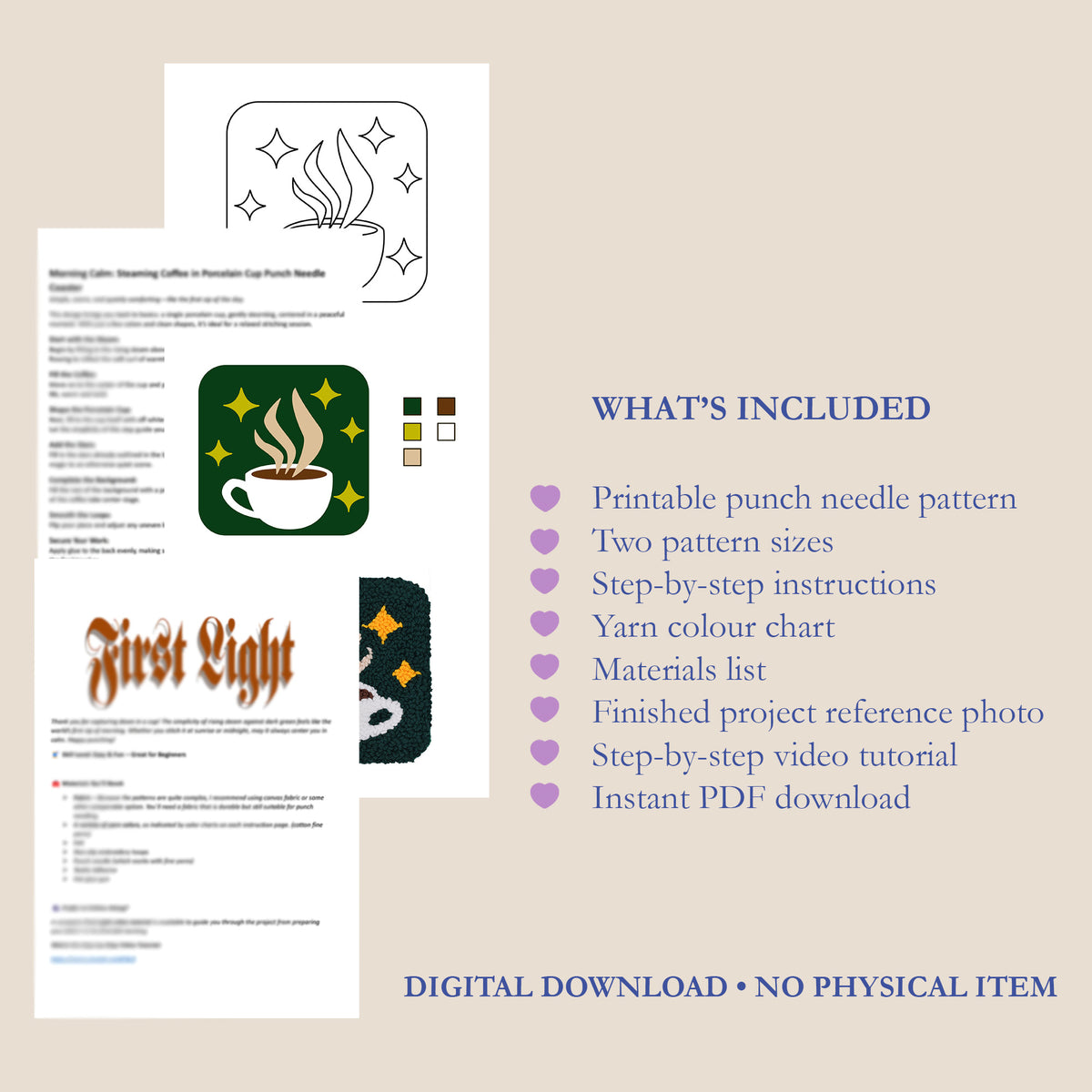 First Light digital punch needle pattern showing printable coffee cup design, two pattern sizes, written instructions, yarn colour chart, materials list, finished coaster reference and video tutorial.