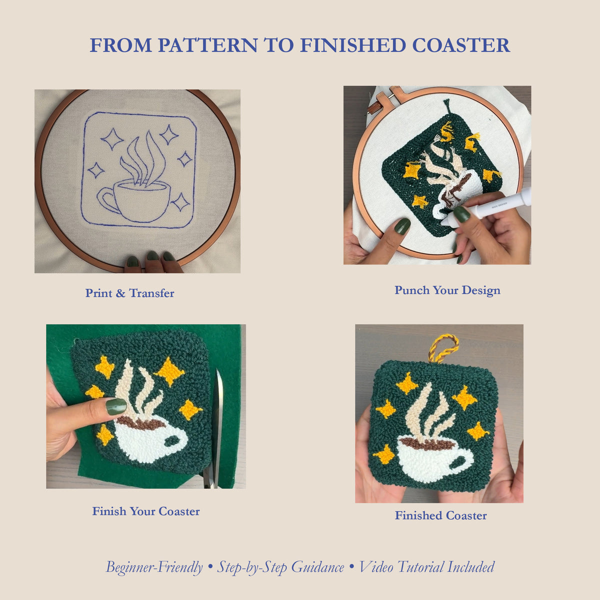 First Light punch needle coaster pattern process showing pattern transfer, punching a steaming coffee cup with golden stars, trimming the felt backing, and the finished dark green coaster with a hanging loop.