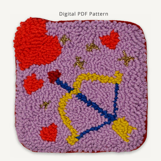Punch needle coaster pattern PDF with cupid heart design, pink textured background with red hearts and gold star details, digital download
