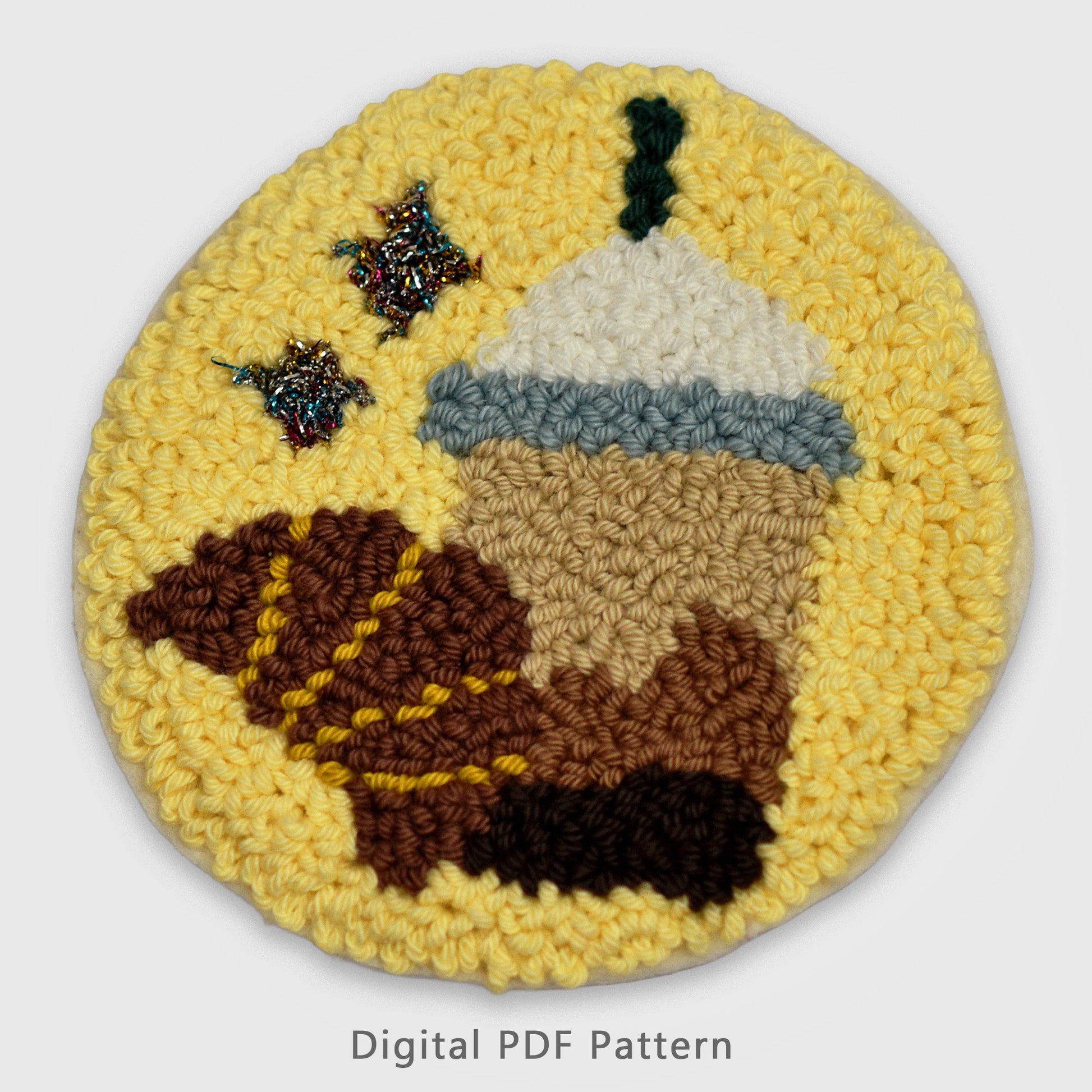 Punch needle coaster digital PDF pattern featuring croissant and coffee cup design on yellow background, beginner-friendly rug hooking project