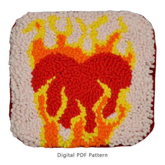 Punch needle digital PDF pattern featuring a red heart with yellow and orange flames on a cream background, square handmade coaster design, modern tufted rug style craft template.