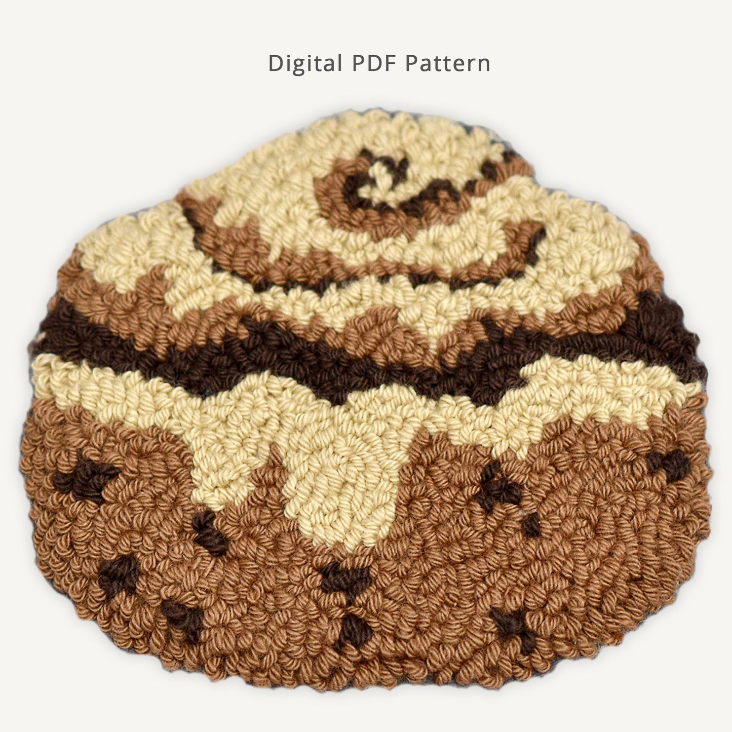 Cinnamon roll punch needle coaster pattern PDF with textured embroidery design, warm brown tones and digital download