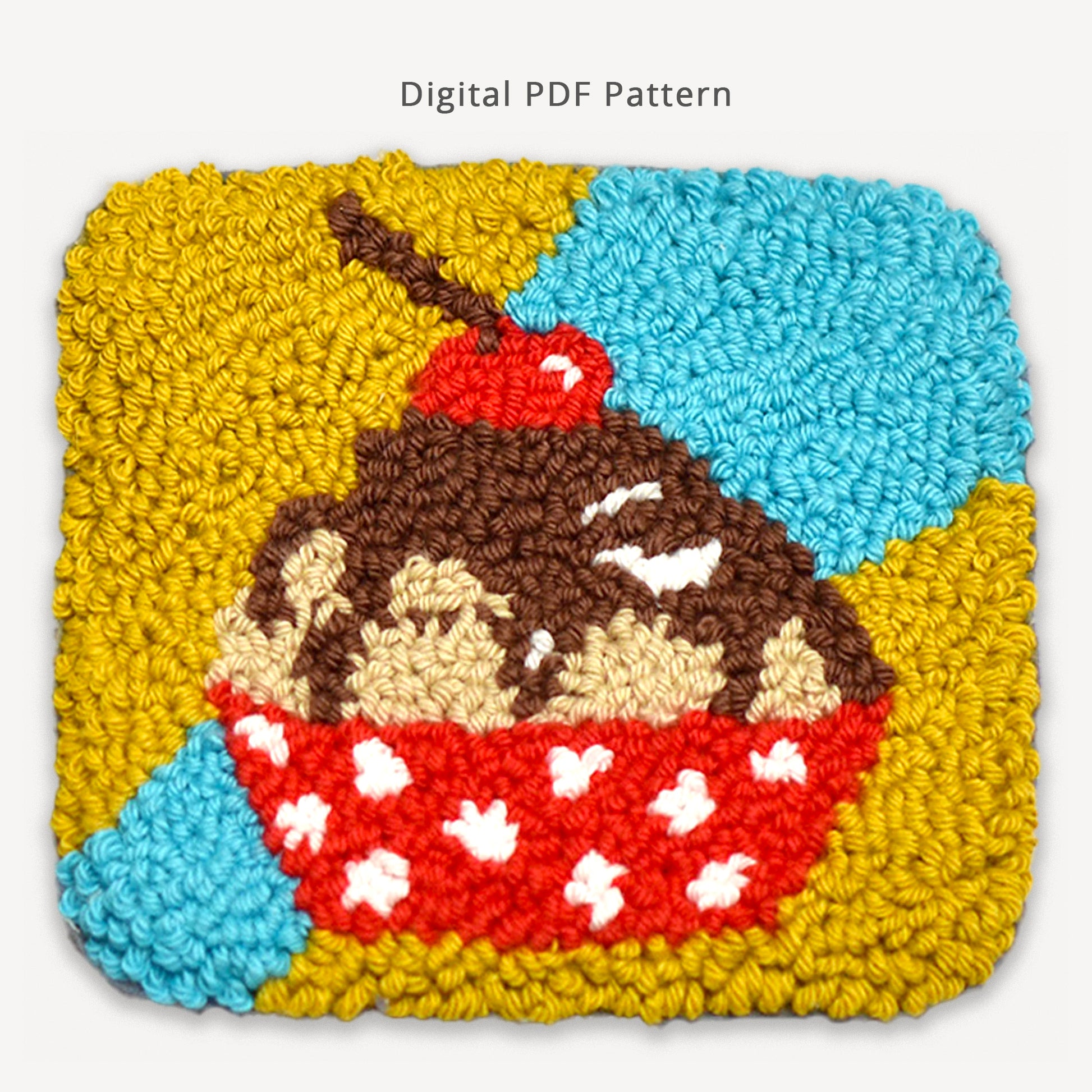 Cherry cupcake punch needle coaster pattern PDF with colorful background, textured embroidery design, digital download