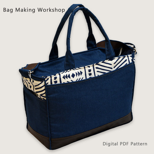 Structured denim tote bag sewing pattern, large workshop-style bag with faux leather base and pockets, digital PDF bag making tutorial with video instructions.