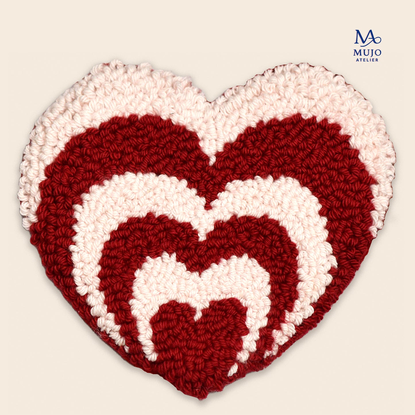 Punch needle heart coaster pattern with layered red and soft pink hearts. Romantic digital PDF embroidery pattern for Valentine's Day and home decor by Mujo Atelier.