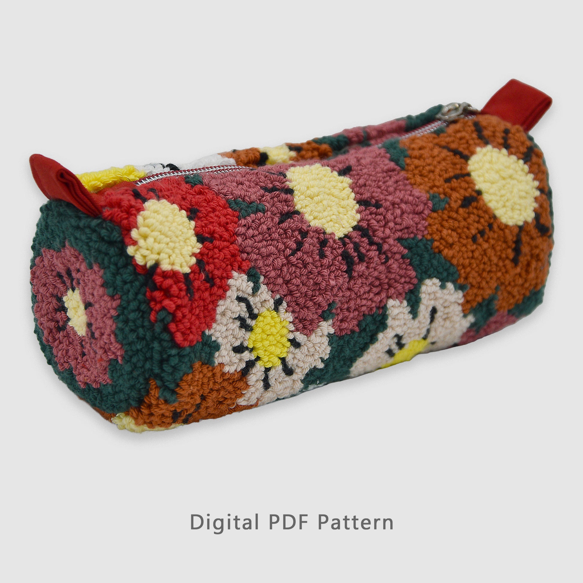 Punch needle floral zipper pouch pattern with textured yarn flowers in red, yellow and cream, digital PDF DIY sewing and punch needle tutorial.